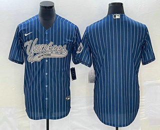 Men's New York Yankees Big Logo Navy Blue Pinstripe Cool Base Stitched Baseball Jersey 02