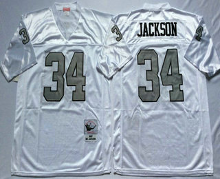 Men's Oakland Raiders #34 Bo Jackson White With Silver Throwback Jersey by Mitchell & Ness