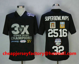 Men's Oakland Raiders 25 Fred Biletnikoff 16 Jim Plunkett 32 Jack Tatum Super Bowl MVPS Black Stitched Jersey With 3 Super Bowl Champions Patch