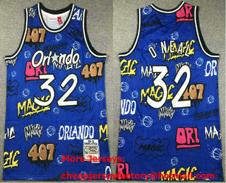 Men's Orlando Magic #32 Shaquille ONeal Blue Swingman Throwback Graffiti Baseball Jersey