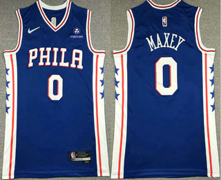 Men's Philadelphia 76ers #0 Tyrese Maxey Blue 75th Anniversary Diamond Nike 2021 Stitched Jersey With Sponsor