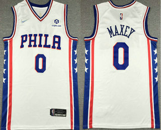 Men's Philadelphia 76ers #0 Tyrese Maxey White 75th Anniversary Diamond Nike 2021 Stitched Jersey With Sponsor