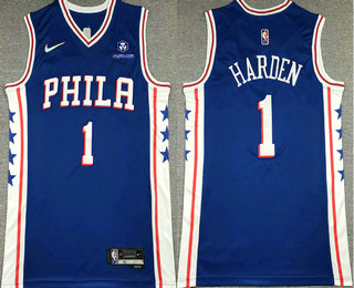 Men's Philadelphia 76ers #1 James Harden Blue 75th Anniversary Diamond Nike 2021 Stitched Jersey With Sponsor