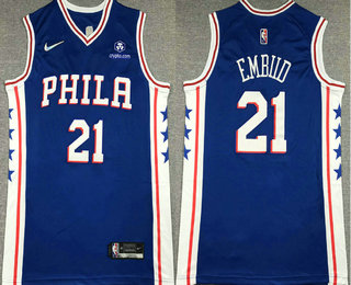 Men's Philadelphia 76ers #21 Joel Embiid Blue 75th Anniversary Diamond Nike 2021 Stitched Jersey With Sponsor
