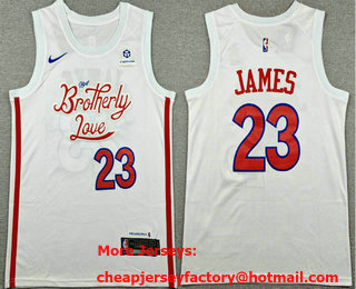 Men's Philadelphia 76ers #23 LeBron James White 2022 City Edition Sponsor Stitched Jersey