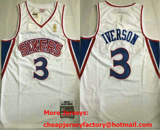 Men's Philadelphia 76ers #3 Allen Iverson 1996-97 White Hardwood Classics AU Throwback Jersey