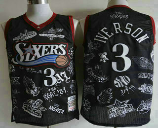 Men's Philadelphia 76ers #3 Allen Iverson 1997-98 Black Hardwood Classics Soul Swingman Throwback Fashion Jersey