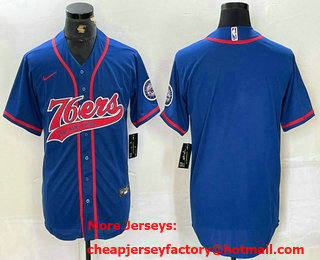 Men's Philadelphia 76ers Blue Black With Patch Cool Base Stitched Baseball Jersey