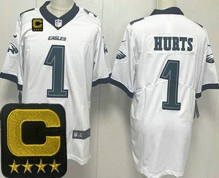 Men's Philadelphia Eagles #1 Jalen Hurts Limited White Captain Patch Vapor Jersey
