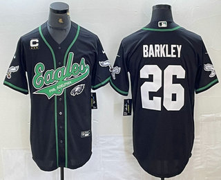 Men's Philadelphia Eagles #26 Saquon Barkley Black White With C Patch Cool Base Baseball Stitched Jersey 02