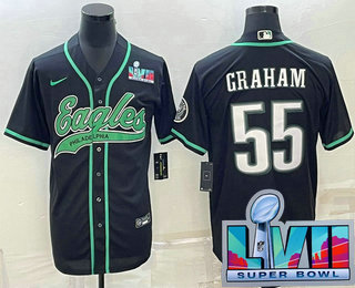 Men's Philadelphia Eagles #55 Brandon Graham Black With Super Bowl LVII Patch Cool Base Stitched Baseball Jersey