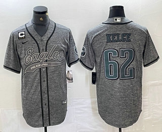 Men's Philadelphia Eagles #62 Jason Kelce Grey Gridiron With C Patch Cool Base Stitched Baseball Jersey 01