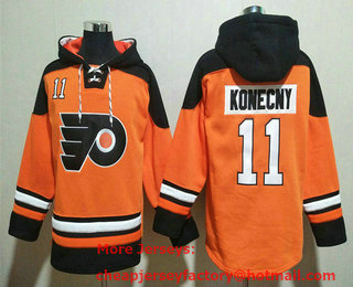 Men's Philadelphia Flyers #11 Travis Konecny Orange Ageless Must Have Lace Up Pullover Hoodie