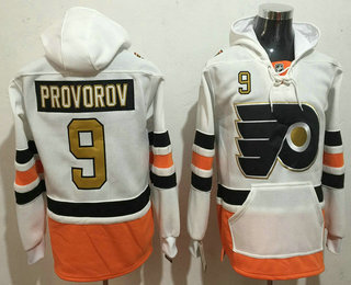 Men's Philadelphia Flyers #9 Ivan Provorov White with Gold 50th Patch Stitched NHL Old Tim Hockey Hoodie