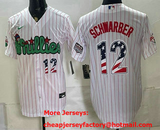 Men's Philadelphia Phillies #12 Kyle Schwarber White Pinstripe USA 250 Fourth of July Stitched Jersey