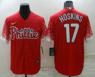 Men's Philadelphia Phillies #17 Rhys Hoskins Red 2021 City Connect Stitched Cool Base Nike Jersey