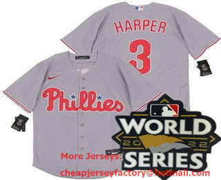Men's Philadelphia Phillies #3 Bryce Harper Gray 2022 World Series Cool Base Jersey