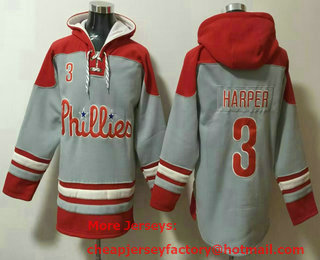 Men's Philadelphia Phillies #3 Bryce Harper Grey Ageless Must Have Lace Up Pullover Hoodie