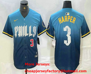 Men's Philadelphia Phillies #3 Bryce Harper Number Blue 2024 City Connect Limited Stitched Jersey 01