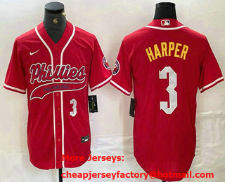 Men's Philadelphia Phillies #3 Bryce Harper Number Red Cool Base Stitched Baseball Jersey 01