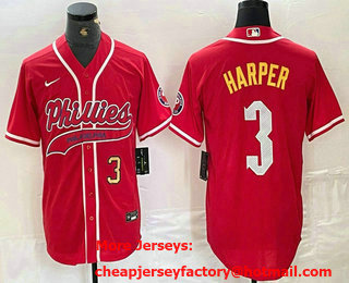 Men's Philadelphia Phillies #3 Bryce Harper Number Red Cool Base Stitched Baseball Jersey 02