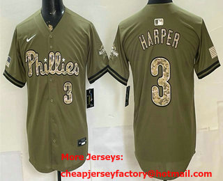 Men's Philadelphia Phillies #3 Bryce Harper Olive 2026 Armed Forces Day Stitched Baseball Jersey