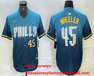 Men's Philadelphia Phillies #45 Zack Wheeler Blue 2024 City Player Number Cool Base Stitched Jersey 01