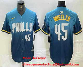 Men's Philadelphia Phillies #45 Zack Wheeler Blue 2024 City Player Number Cool Base Stitched Jersey 02