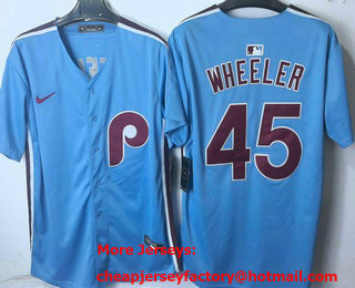 Men's Philadelphia Phillies #45 Zack Wheeler Light Blue Cooperstown Limited Jersey