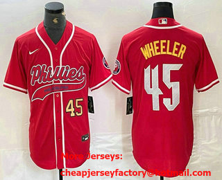 Men's Philadelphia Phillies #45 Zack Wheeler Number Red Cool Base Stitched Baseball Jersey 01