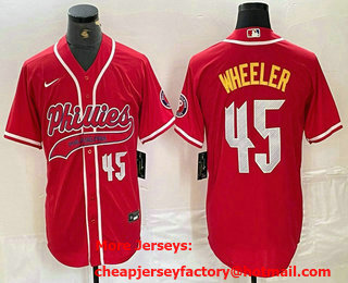 Men's Philadelphia Phillies #45 Zack Wheeler Number Red Cool Base Stitched Baseball Jersey 02