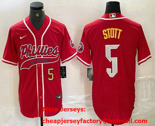 Men's Philadelphia Phillies #5 Bryson Stott Number Red Cool Base Stitched Baseball Jersey 02
