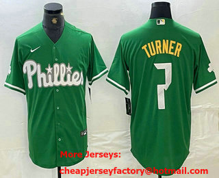 Men's Philadelphia Phillies #7 Trea Turner Kelly Green Cool Base Jersey