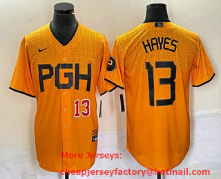 Men's Pittsburgh Pirates #13  KeBryan Hayes Number Yellow 2023 City Connect Stitched Jersey 01