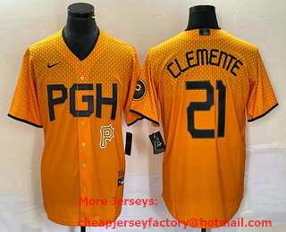 Men's Pittsburgh Pirates #21 Roberto Clemente Yellow 2023 City Connect Stitched Jersey 02