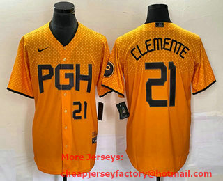 Men's Pittsburgh Pirates #21 Roberto Clemente Number Yellow 2023 City Connect Stitched Jersey 02