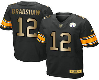 Men's Pittsburgh Steelers #12 Terry Bradshaw Black With Gold Stitched NFL Nike Elite Jersey