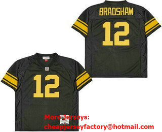 Men's Pittsburgh Steelers #12 Terry Bradshaw Black Yellow 1975 Throwback Jersey