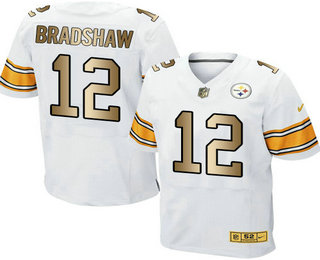 Men's Pittsburgh Steelers #12 Terry Bradshaw White With Gold Stitched NFL Nike Elite Jersey