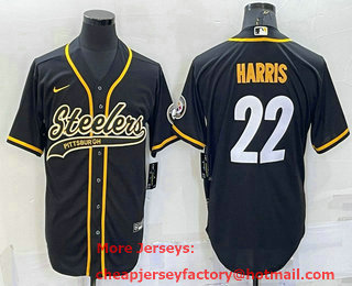 Men's Pittsburgh Steelers #22 Najee Harris Black With Patch Cool Base Stitched Baseball Jersey