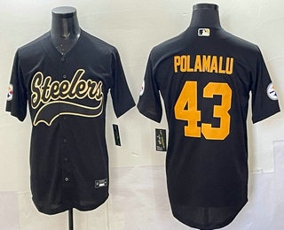 Men's Pittsburgh Steelers #43 Troy Polamalu Black Yellow Cool Base Stitched Baseball Jersey