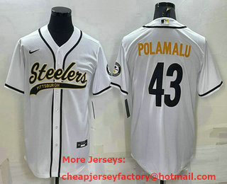 Men's Pittsburgh Steelers #43 Troy Polamalu White With Patch Cool Base Stitched Baseball Jersey