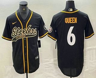 Men's Pittsburgh Steelers #6 Patrick Queen Black With Patch Cool Base Stitched Baseball Jersey