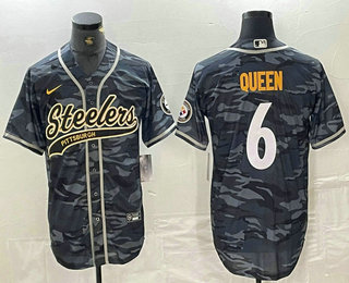 Men's Pittsburgh Steelers #6 Patrick Queen Camo With Patch Cool Base Stitched Baseball Jersey