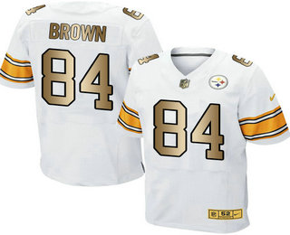 Men's Pittsburgh Steelers #84 Antonio Brown White With Gold Stitched NFL Nike Elite Jersey