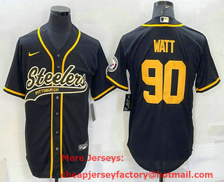 Men's Pittsburgh Steelers #90 TJ Watt Black Gold With Patch Cool Base Stitched Baseball Jersey