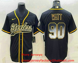 Men's Pittsburgh Steelers #90 TJ Watt Black Gold With Patch Smoke Cool Base Stitched Baseball Jersey