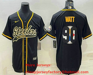 Men's Pittsburgh Steelers #90 TJ Watt Black Team Big Logo With Patch Cool Base Stitched Baseball Jersey
