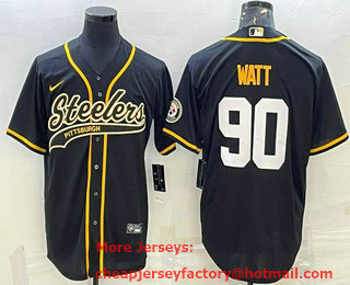 Men's Pittsburgh Steelers #90 TJ Watt Black With Patch Cool Base Stitched Baseball Jersey
