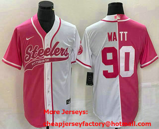 Men's Pittsburgh Steelers #90 TJ Watt Pink White Two Tone With Patch Cool Base Stitched Baseball Jersey
